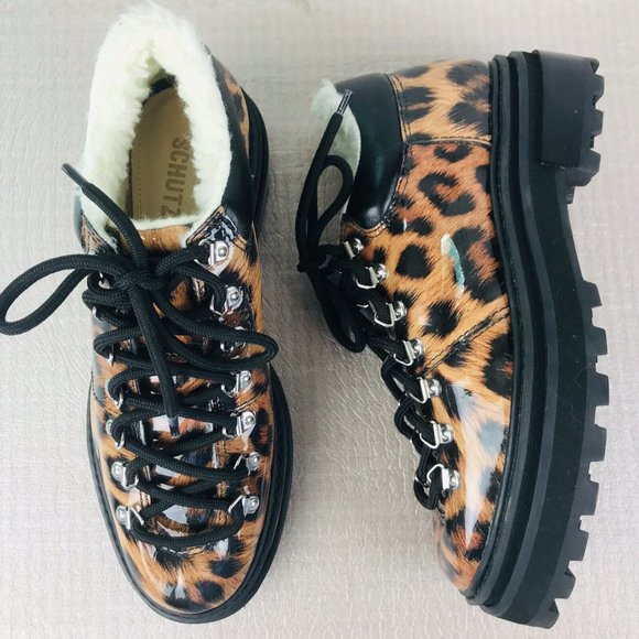Schutz Lucille Vernizes Leopard Faux Sherling Lined Lace Up Booties - Picture 2 of 7